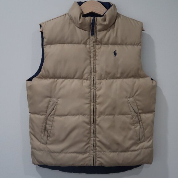 Polo Ralph Lauren Boys Reversible Down Puffer Vest Navy Tan 4T Lightweight - Picture 5 of 6